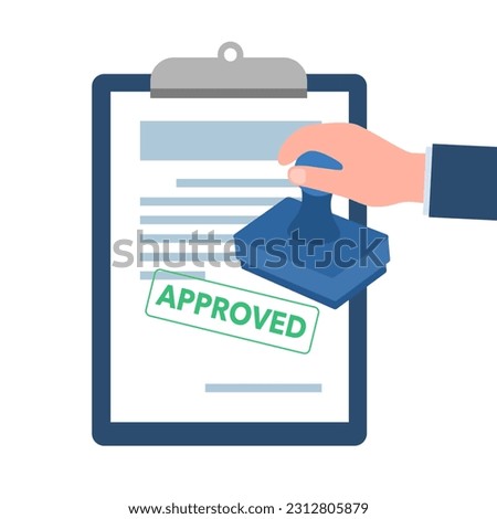 Hand holding stamp with approved document in flat design on white background.