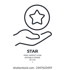 Hand holding star coin editable stroke outline icon isolated on white background flat vector illustration. Pixel perfect. 64 x 64.