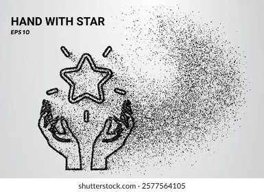 A hand holding a star, composed of small circles and dots, with particles swirling around it. Vector illustration.