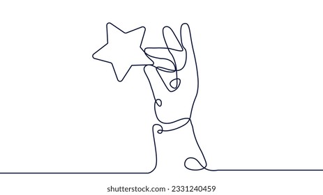 Hand holding star continuous line concept. Online reviews and feedback. Ranking and rating of users, clients and customers. Linear flat vector illustration isolated on white background