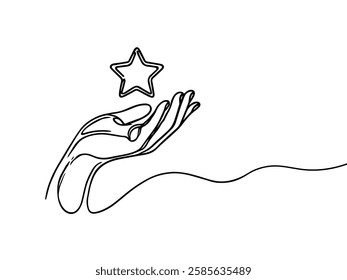 Hand holding star continuous line concept. Online reviews and feedback. Ranking and rating of users, clients and customers. Linear flat vector illustration isolated on white background