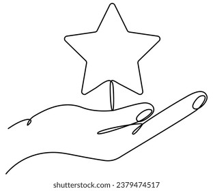 Hand holding star continuous one line drawing. Vector illustration isolated on white.