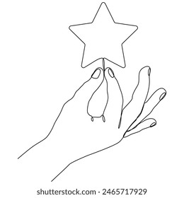 Hand holding star continuous one line drawing. Ranking symbol. Vector illustration isolated on white.