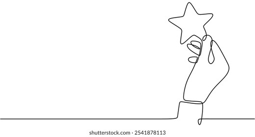 Hand holding a star in continuous one line drawing. Minimalist concept of reaching for the stars and celestial objects.