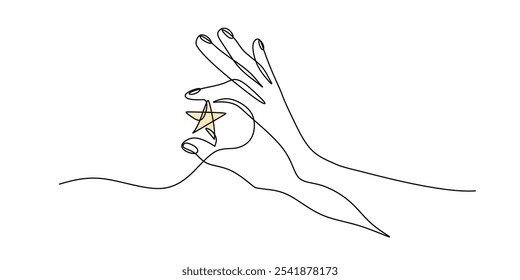 Hand holding a star in continuous one line drawing. Minimalist celestial object design representing aspiration and achievement.