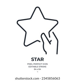 Hand holding star editable stroke outline icon isolated on white background flat vector illustration. Pixel perfect. 64 x 64.