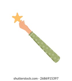 Mano que sostiene la estrella en estilo plano. Símbolo de Comentarios positivo e ícono de satisfacción con enfoque en la calidad. Opinión del cliente e idea de calificación para la interacción social de negocios, elemento aislado moderno.