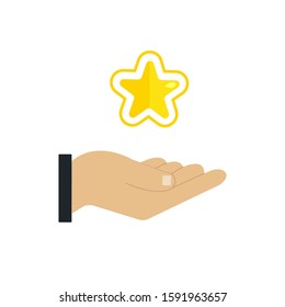 Hand holding star. Gold star. Flat style. Loyalty. Vector.