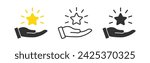 Hand holding star icon. Person award sign. Service quality. Client rating. Best rating. Winner prize.