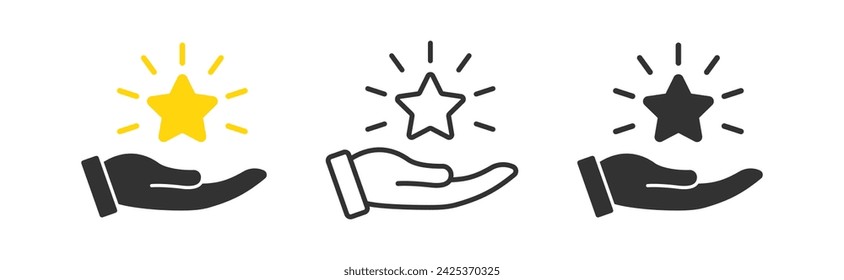 Hand holding star icon. Person award sign. Service quality. Client rating. Best rating. Winner prize.