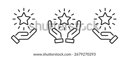 Hand holding star icon value concept. Person award sign. Service quality. Client rating. Best rating. Winner prize. Vector illustrations