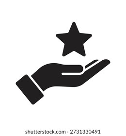 Hand, die Stern Symbol Vektorgrafik zeigt, wie Palmenangebot Belohnungsbewertung Erfolg Errungenschaft Lieblings-Bonus-Feedback-Konzept einzelne weiße Hintergrund Design-Element
