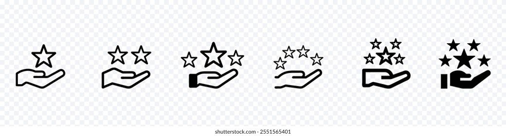 hand holding star. Hand like sign and five stars rating. Positive feedback. 5 stars positive review. Rate icons set. Feedback icon collection. Concept of best ranking. Customer review.