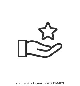 Hand holding star, linear icon. Reward and achievement recognition. Line with editable stroke.