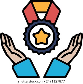 A hand holding a star and a medal