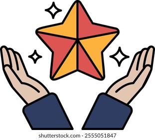 A hand is holding a star with a red and yellow center. The star is surrounded by a circle of stars. Concept of hope and positivity