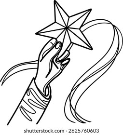 Hand Holding Star Wand Line Art Christmas Magic Dream Holiday Season