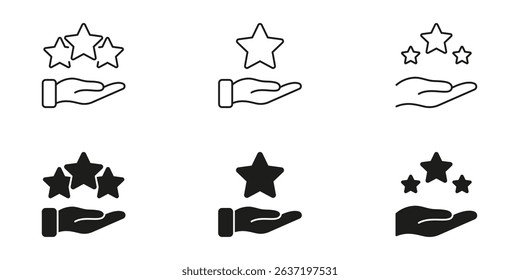 Hand Holding Stars Icon Set. Customer Satisfaction, Quality Assurance, And Excellence Representation Outline And Silhouette Symbols. Service Rating And Feedback. Isolated Vector Illustration.