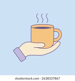 Hand holding a steaming coffee cup. Minimalist vector illustration in soft pastel colors