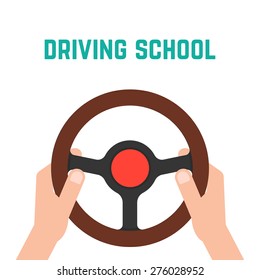 hand holding steering wheel. concept of trip, highway, guide, equipment, rudder, handlebar, training in driving school. flat style trendy modern logo design vector illustration