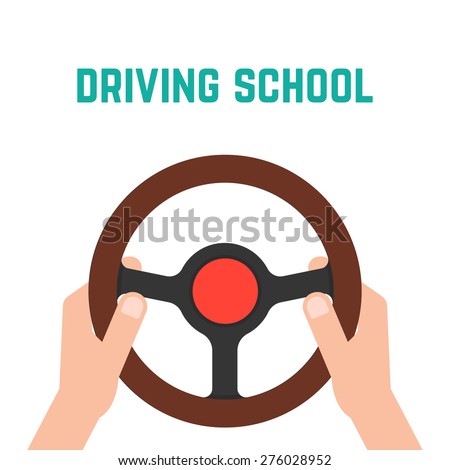 hand holding steering wheel. concept of trip, highway, guide, equipment, rudder, handlebar, training in driving school. flat style trendy modern logo design vector illustration
