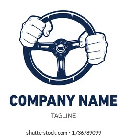 Hand holding a steering wheel. Logo