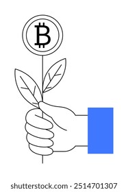 Mano sosteniendo un tallo con hojas y una flor de símbolo de Bitcoin. Ideal para temas de criptomonedas, fintech, inversión, blockchain y comercio digital. Diseño sencillo con colores negro y azul.