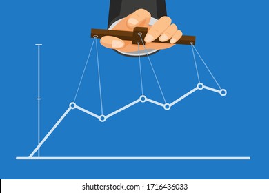 hand with holding stick with rope, puppet master controlling business chart in cartoon flat illustration vector