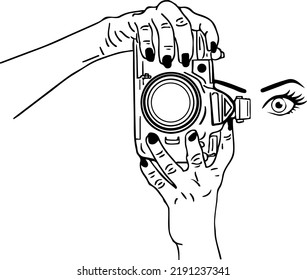 Hand holding still photography camera sketch drawing silhouette, Photography camera logo clip art, hand holding still camera in vertical view line art illustration