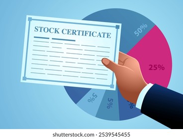 Hand holding a stock certificate, set against a circular percentage chart, representing the concept of an Initial Public Offering or IPO