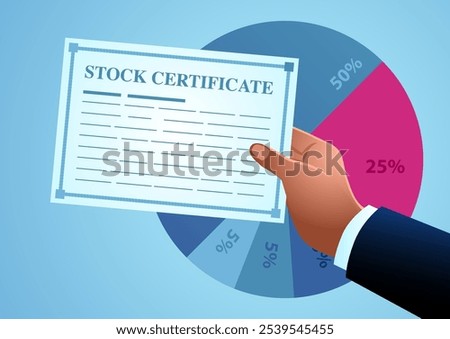 Hand holding a stock certificate, set against a circular percentage chart, representing the concept of an Initial Public Offering or IPO