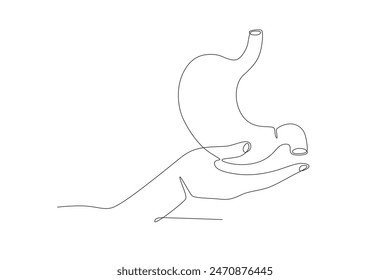 The hand holding the stomach. Organ donation day concept one-line drawing