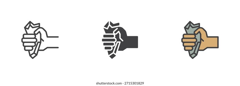 Hand holding stone axe icon set showing line, solid and filled outline colorful styles. Primitive weapon vector sign and symbol icon, color illustration of prehistoric tools.