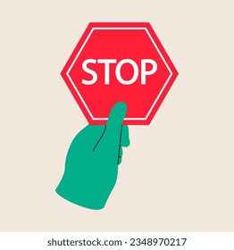 Hand holding stop label. Colorful vector illustration
