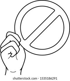 Hand holding stop sign. Vector outline icon.