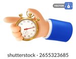 Hand holding stopwatch. 3D realistic hand holds golden timer. Concept of deadline, start, punctuality, time management, productivity and work optimization. Vector illustration