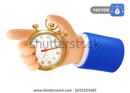Hand holding stopwatch. 3D realistic hand holds golden timer. Concept of deadline, start, punctuality, time management, productivity and work optimization. Vector illustration