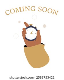 Hand Holding Stopwatch With Coming Soon Text In Flat Vector Illustration Symbolizing Deadline, Countdown, And Upcoming Event, Isolated On White Background.