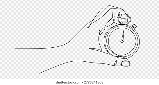 Hand holding stopwatch in continuous line drawing. Timing and sports measurement concept, Continuous line of hand holding alarm clock, counting, measure, watch, equipment, time, accuracy, alarm, inter