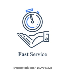 Hand holding stopwatch, fast time, express or urgent services, deadline and delay, vector icon, linear design