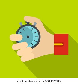 Hand holding stopwatch icon. Flat illustration of stopwatch vector icon for web isolated on green background
