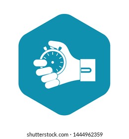 Hand holding stopwatch icon. Simple illustration of hand holding stopwatch vector icon for web