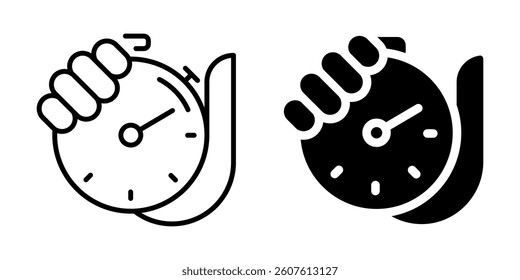 Hand holding stopwatch icon for timing. Silhouette and line style.