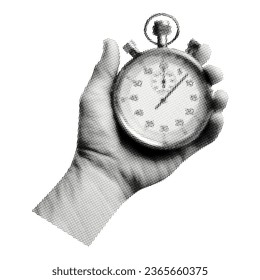 hand holding a stopwatch isolated on white background in retro halftone black and white collage element for mixed media design vintage dotted pop art style grunge punk crazy
