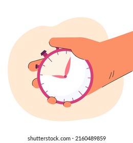 Hand holding stopwatch to measure time interval. Control of start and finish of competition by person flat vector illustration. Deadline, sport concept for banner, website design or landing web page