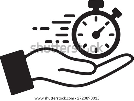 Hand holding a stopwatch with motion lines conveying a sense of urgency and time management or racing against the clock in a simple graphical illustration.