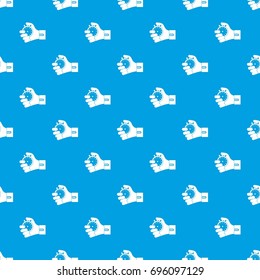 Hand holding stopwatch pattern repeat seamless in blue color for any design. Vector geometric illustration