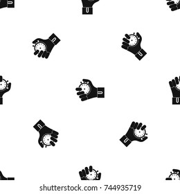 Hand holding stopwatch pattern repeat seamless in black color for any design. Vector geometric illustration
