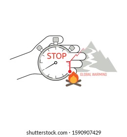 Hand holding stopwatch representing we need to stop causing global warming. Vector illustration outline flat design style.