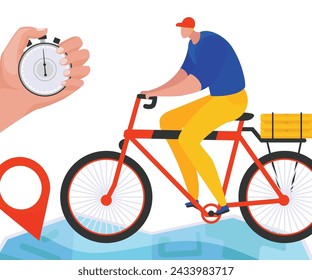 Hand holding stopwatch timing delivery cyclist riding fast. Express courier service concept delivery man location pin. Efficient logistics punctual vector illustration